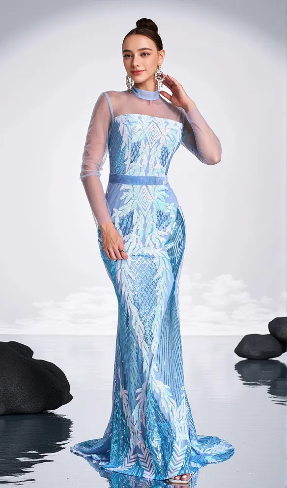 Stand Collar Mermaid maxi Dress in Light Blue