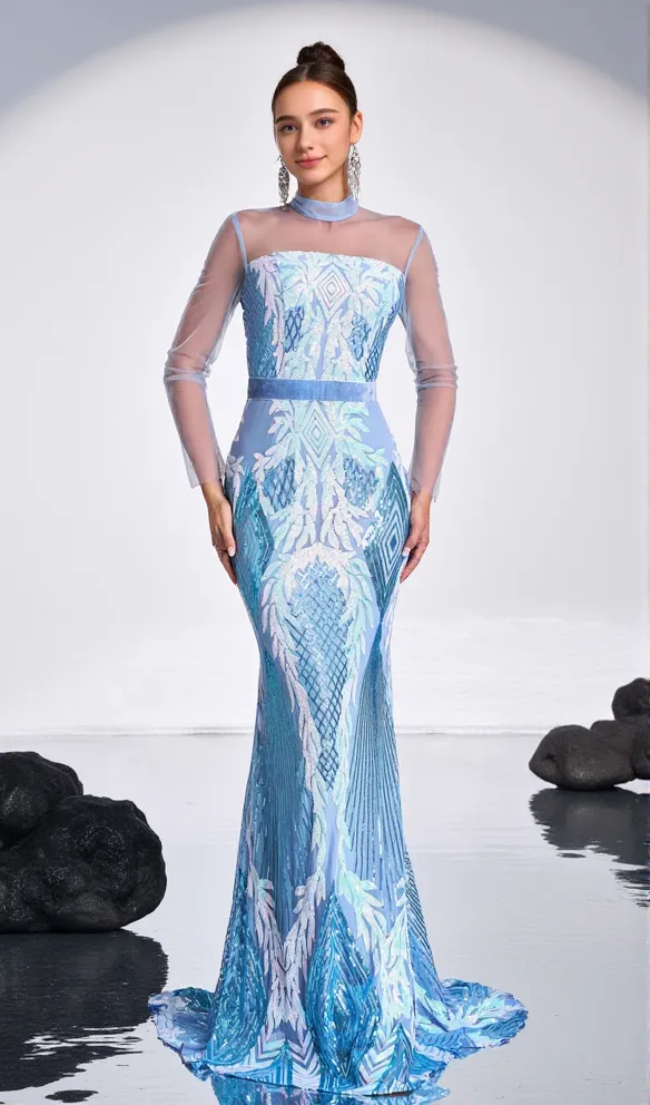 Stand Collar Mermaid maxi Dress in Light Blue