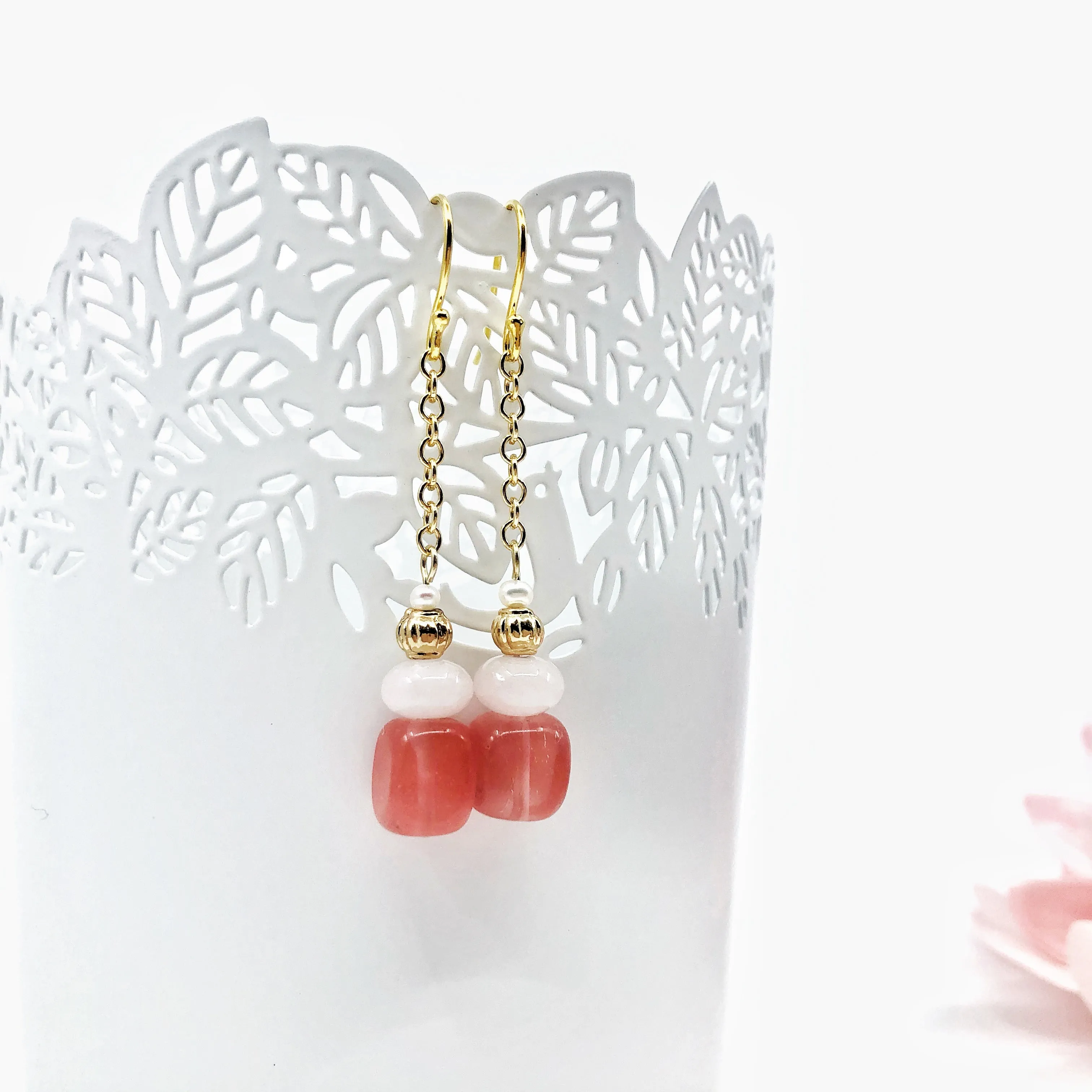 Strawberry Quartz Earrings Gold