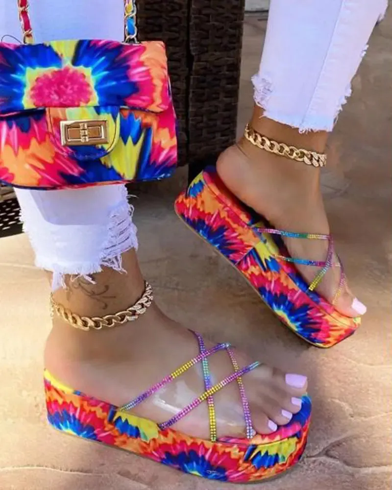 Tie Dye Print Clear Perspex Rhinestone Slippers