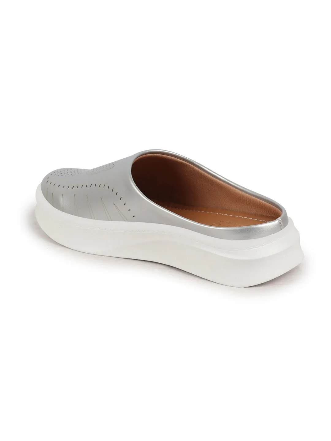 Women Silver Perforated Laser Cut Classic Back Open Slip On Mules Shoes|Work|Casual|Loafer Shoes|Comfort