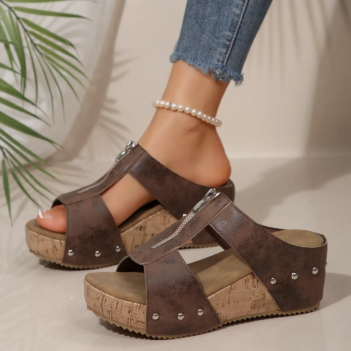 Women's Platform Plus Size Peep Toe Wedge Slippers