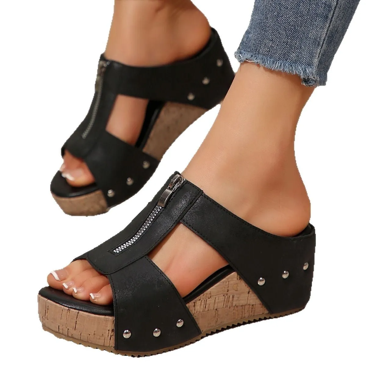 Women's Platform Plus Size Peep Toe Wedge Slippers